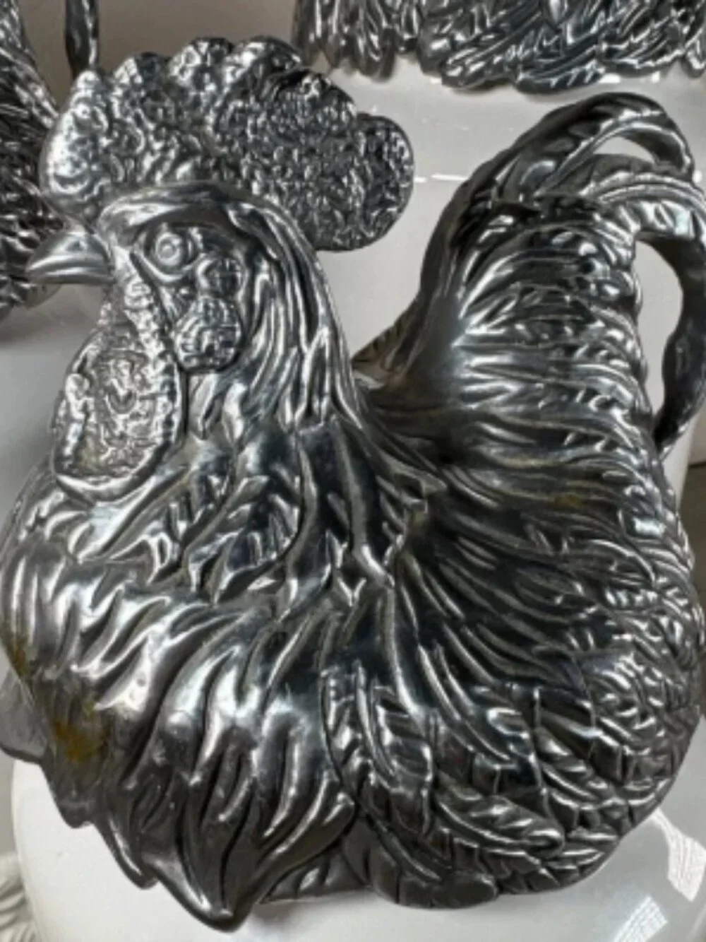 Arthur Court White Canisters with Design and Aluminum Roosters 2004 Set of 3